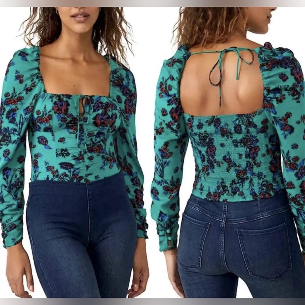 Free People Hilary Green Floral Top in Green Combo NEW
